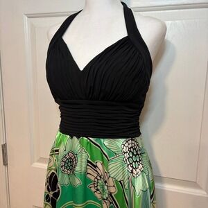 Sangria Womens 10 M Halter Dress Black Green Floral Satin Handkerchief Hem Y2K